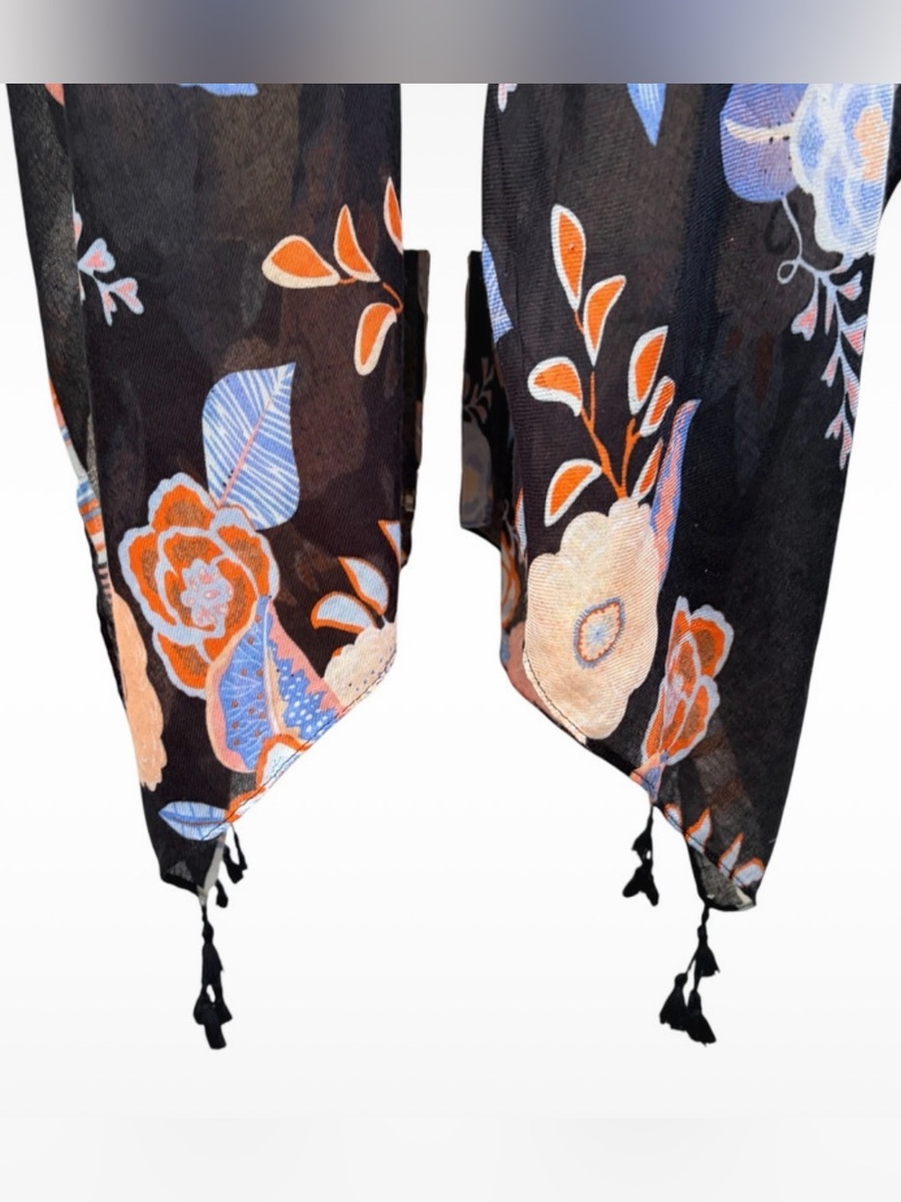 WOVEN HEART Pastel Pink & Blue Floral Black Kimono with Tassels, O/S - Picture 3 of 9